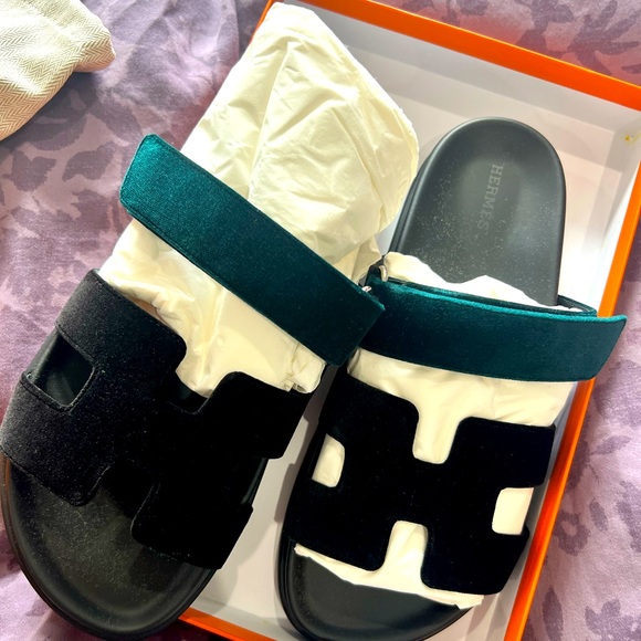 Hermes Shoes - Hermes chypre suede black and emerald size 40 new full set